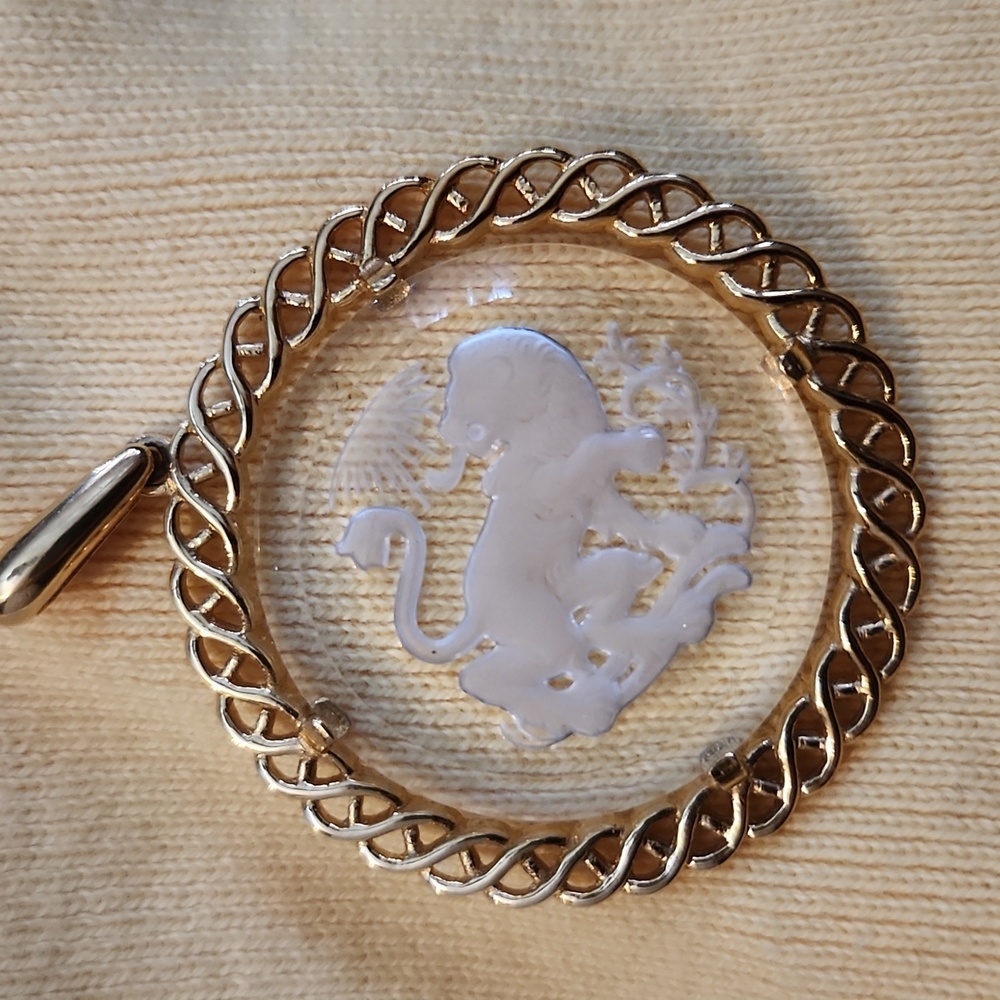 Vintage Trifari Leo Astrological Laser Engraved Pendant Gold Tone 1960's Era